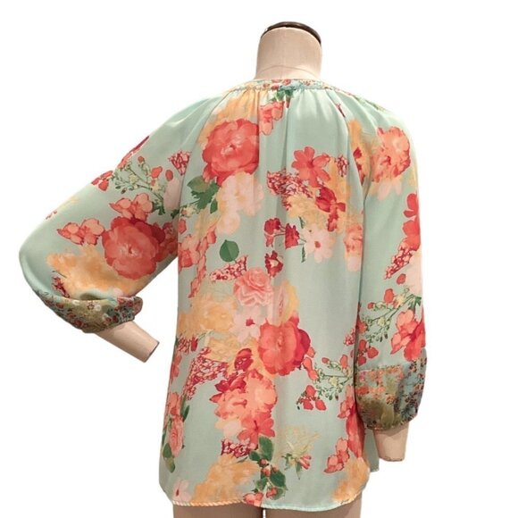 Fig & Flower Floral Button V-Neck Balloon Sleeve Top S 71i - Picture 4 of 7